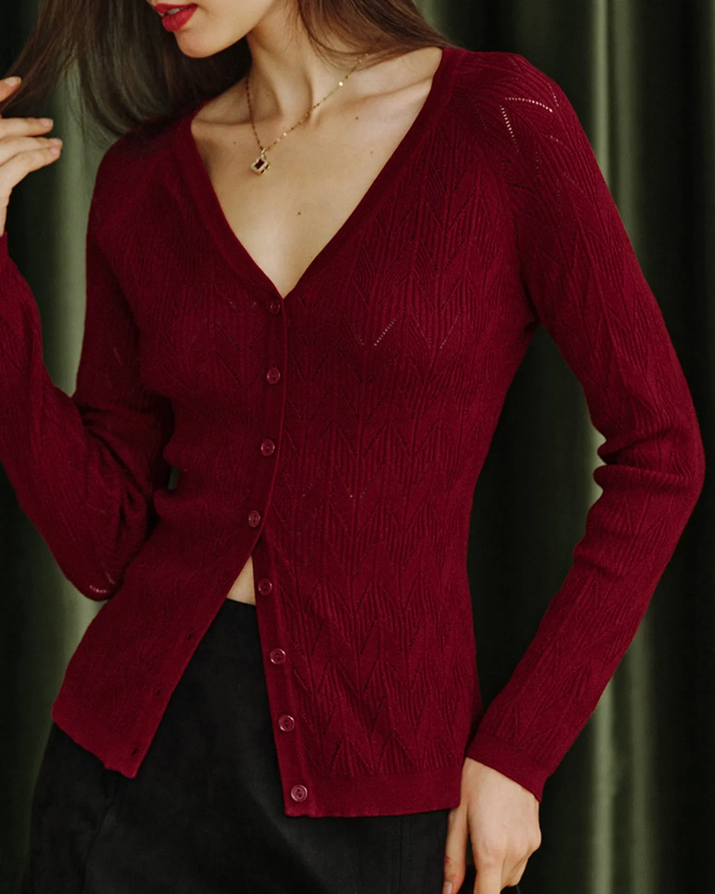 Wine Red V Neck Viscose Knit Cardigan sold by rihoas product image thumbnail 2