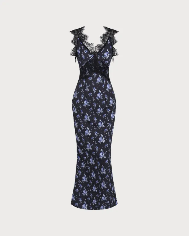 Black V Neck Floral Maxi Dress sold by rihoas
