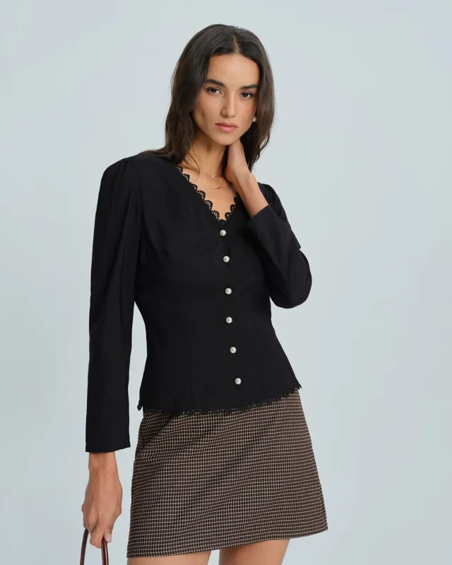 Black V Neck Lace Blouse sold by rihoas