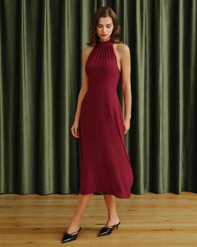 Red Halter Chiffon Midi Dress sold by rihoas
