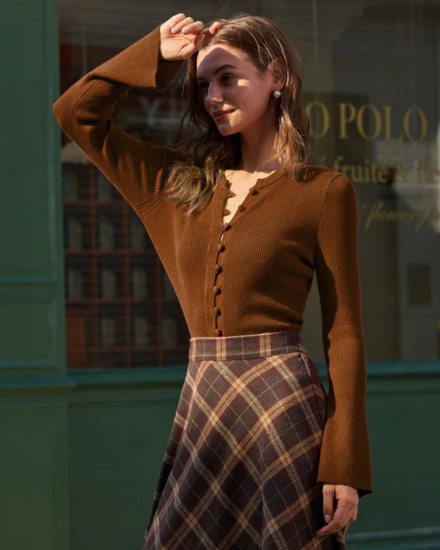 Brown Bell Sleeve Button Sweater sold by rihoas