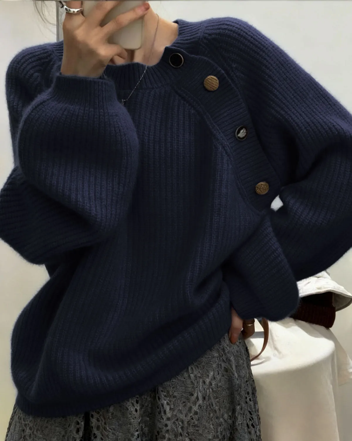Blue Round Neck Loose Casual Sweater sold by rihoas product image thumbnail 2