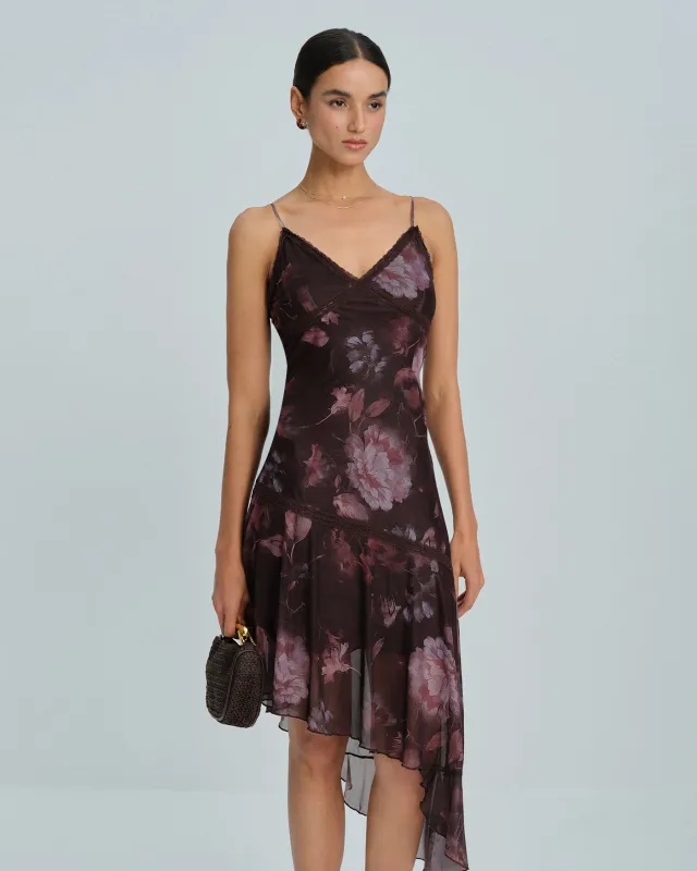Coffee Sleeveless  Floral A-Line Slip Midi Dress sold by rihoas