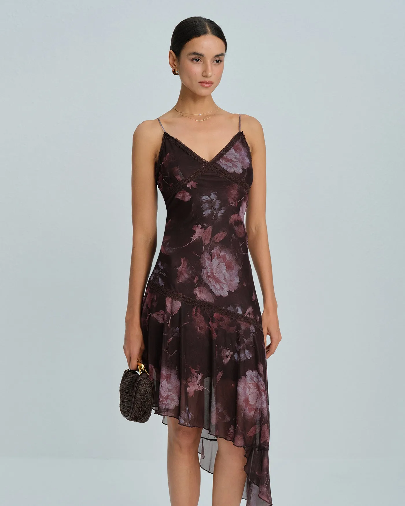 Coffee Sleeveless Floral A-Line Slip Midi Dress sold by rihoas