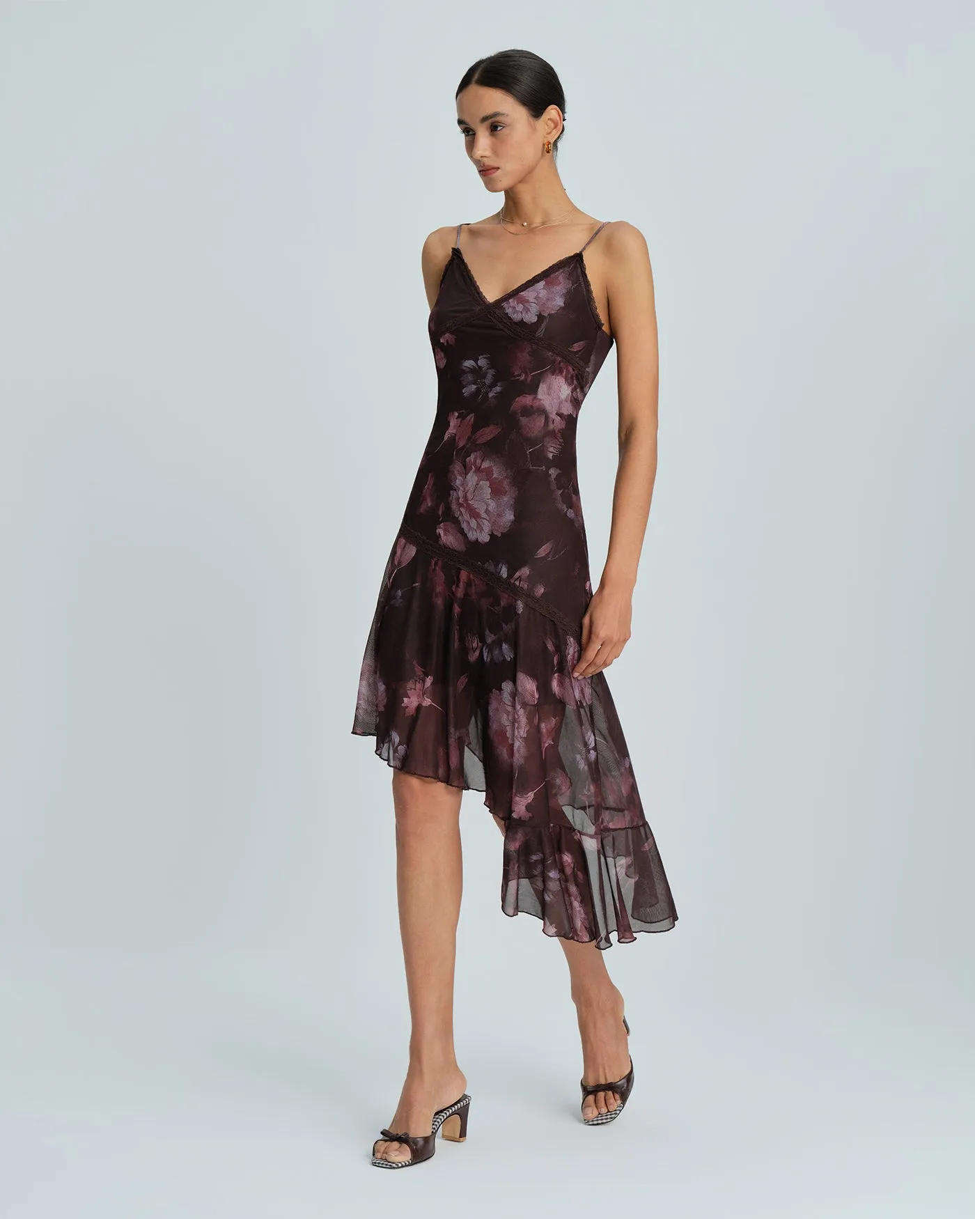 Coffee Sleeveless Floral A-Line Slip Midi Dress sold by rihoas product image thumbnail 4