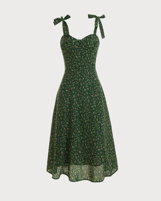 Green Floral Tie Strap A-Line Midi Dress sold by rihoas