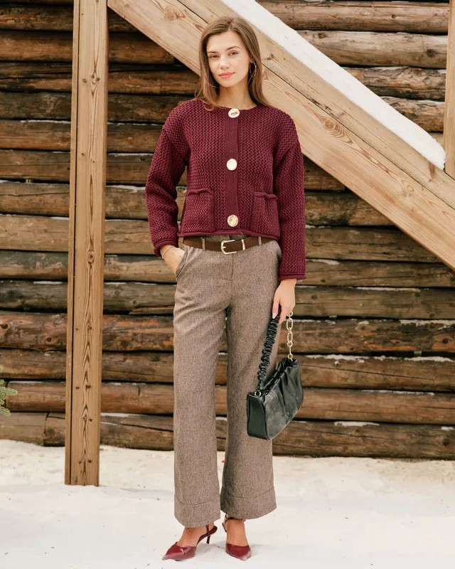 Wine Red Single Breasted Casual Knit Cardigan sold by rihoas