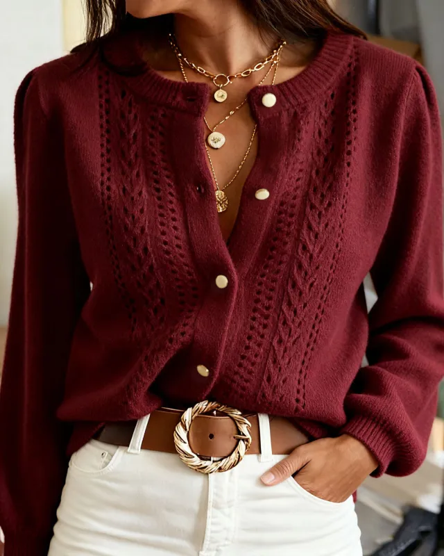 Wine Red Round Neck Casual Knit Cardigan sold by rihoas