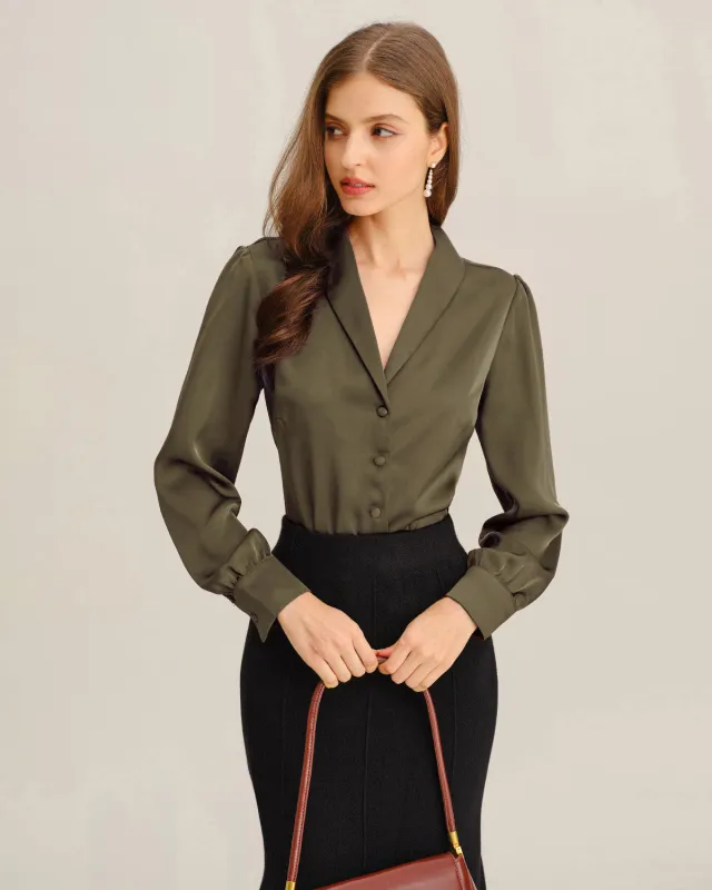 Green Satin V-Neck Office Shirt made by rihoas