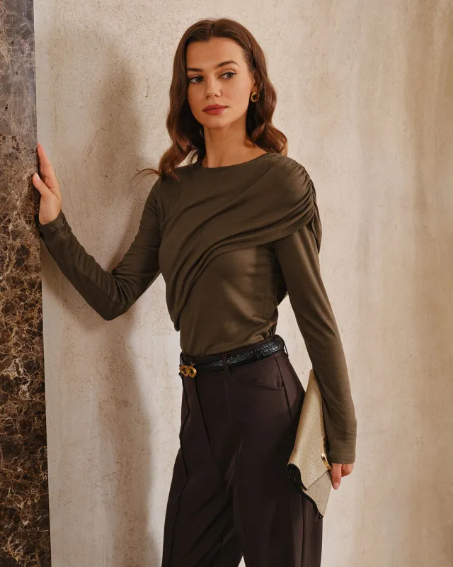 Brown Ruched Slim Long Sleeves Knit Tee sold by rihoas