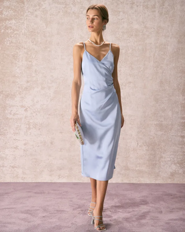 The Light Blue V Neck Satin Slip Midi Dress sold by rihoas