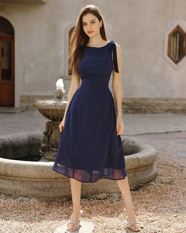 Blue Polka Dot Chiffon Midi Dress sold by rihoas
