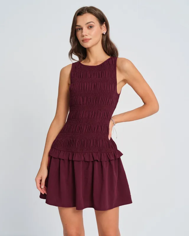 Wine Red Sleeveless Shirred Mini Dress sold by rihoas