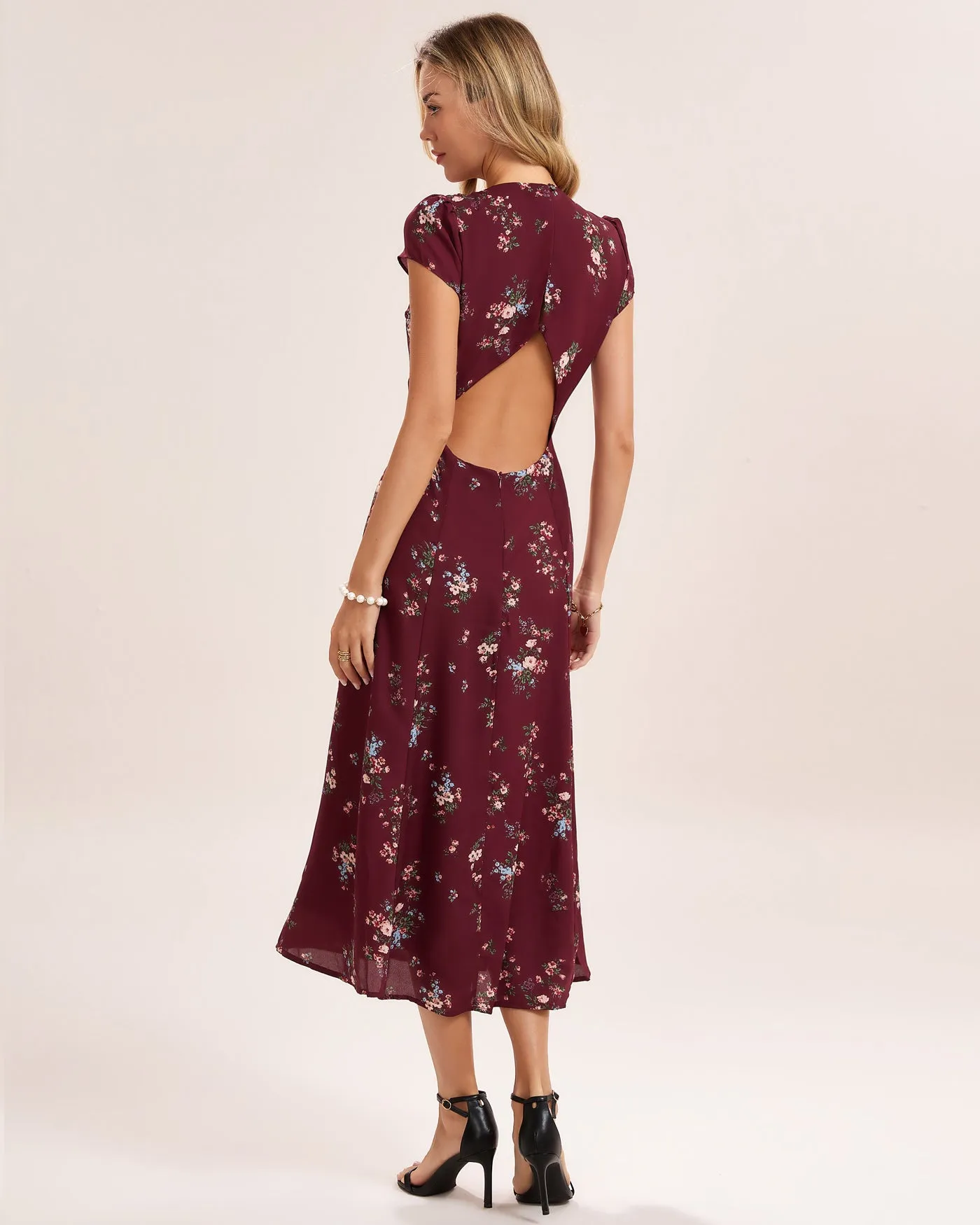 Wine Red Floral Midi Dress sold by rihoas product image thumbnail 3