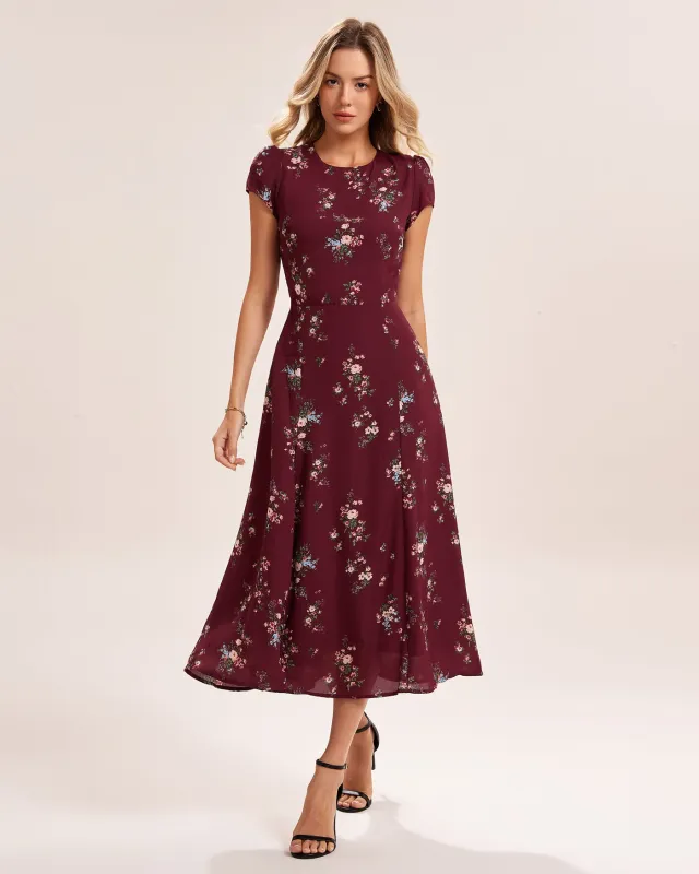 Wine Red Floral Midi Dress sold by rihoas