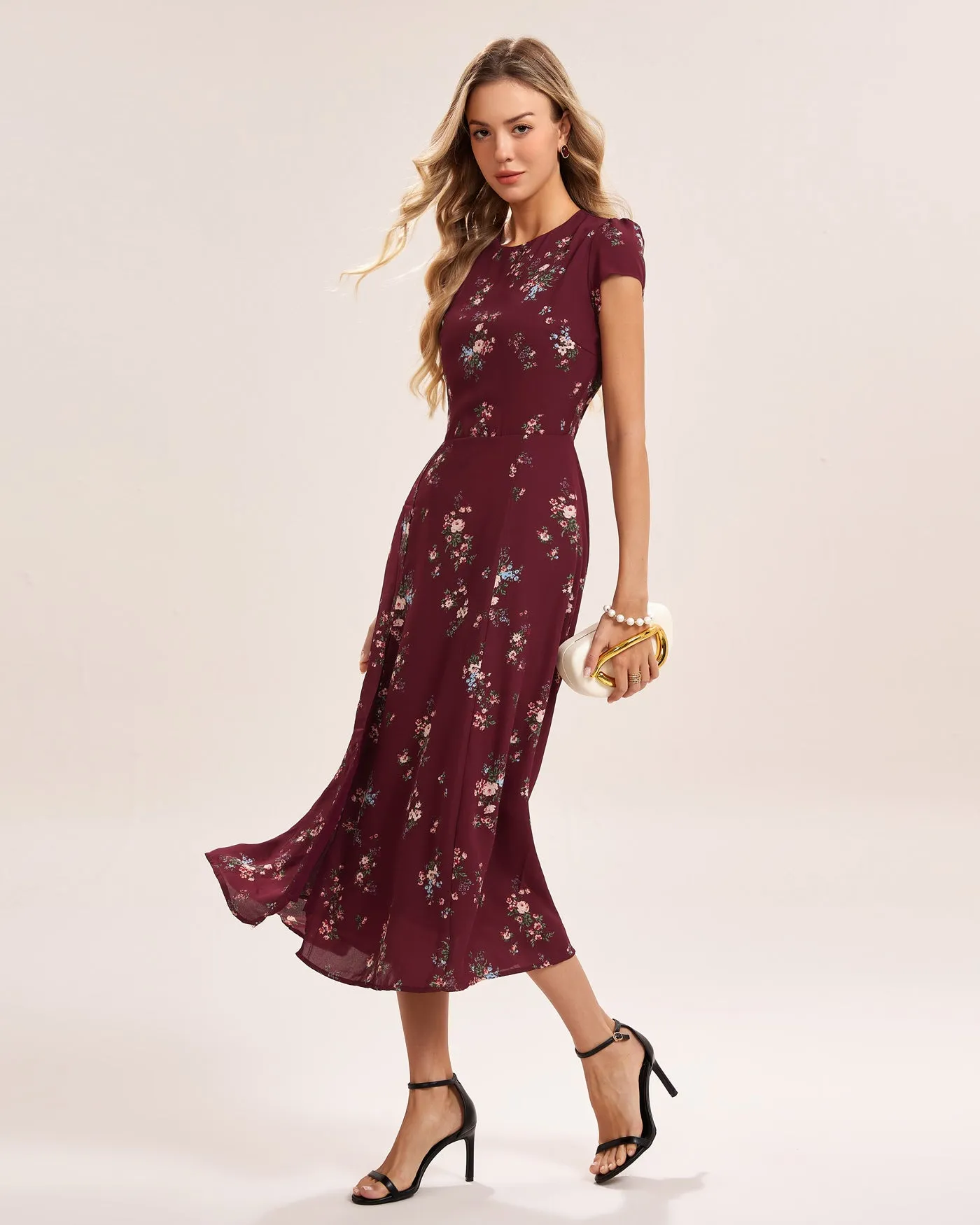 Wine Red Floral Midi Dress sold by rihoas product image thumbnail 5