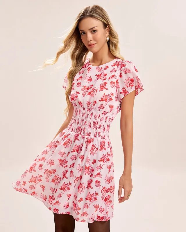 Pink Floral Shirred Mini Dress sold by rihoas