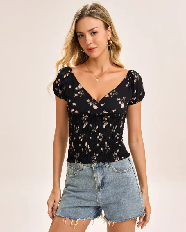 Black Floral V Neck Tee sold by rihoas