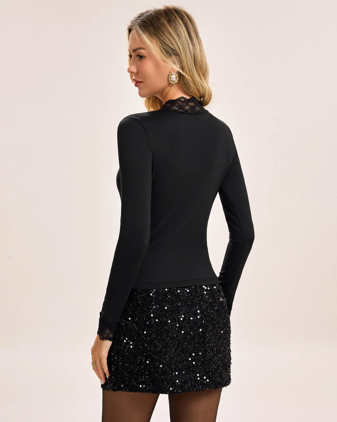 Black V Neck Lace Knit Tee sold by rihoas product image thumbnail 3