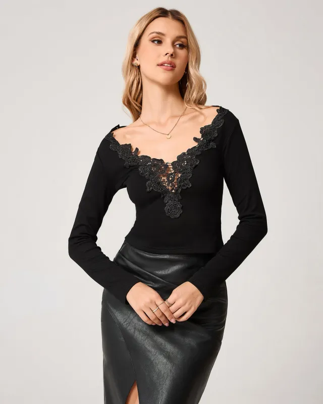 Black Lace V Neck Knit Tee sold by rihoas