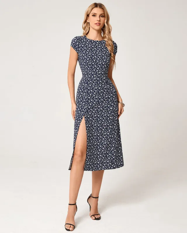 Blue Floral Cap Sleeve Midi Dress sold by rihoas