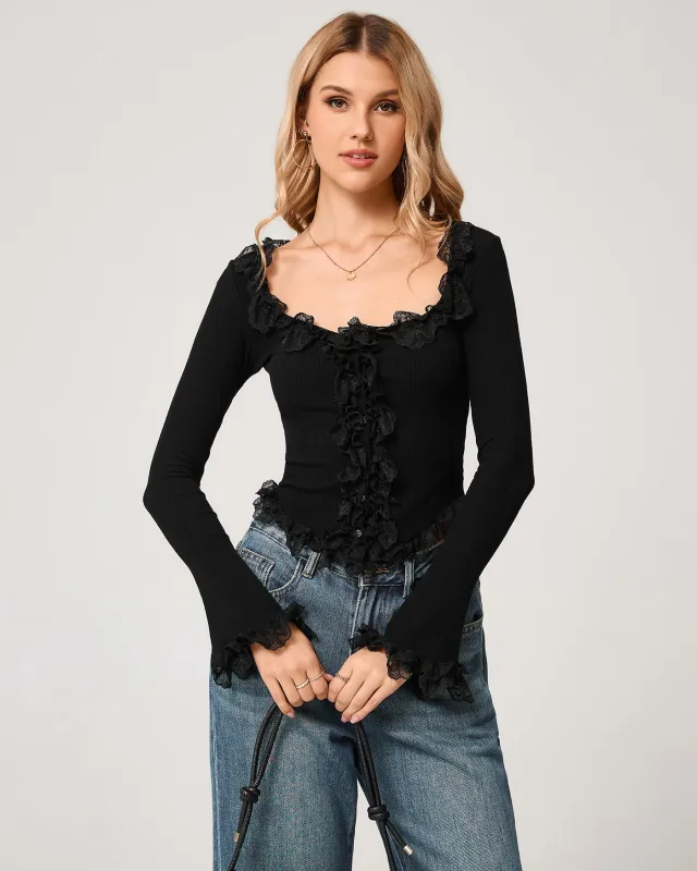 Black U Neck Lace Knit Tee sold by rihoas