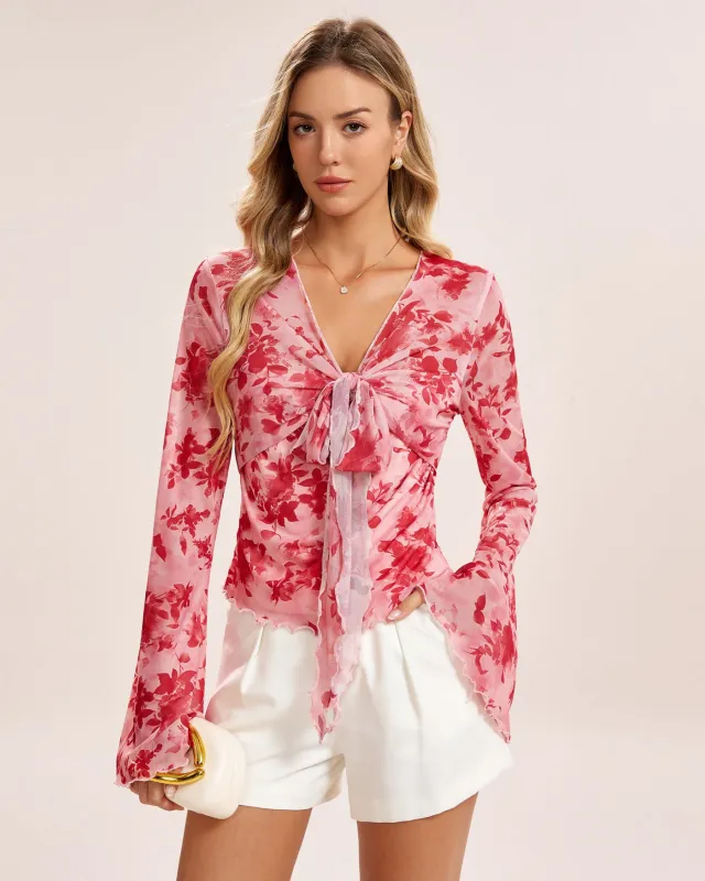 Pink Floral V Neck Tee sold by rihoas