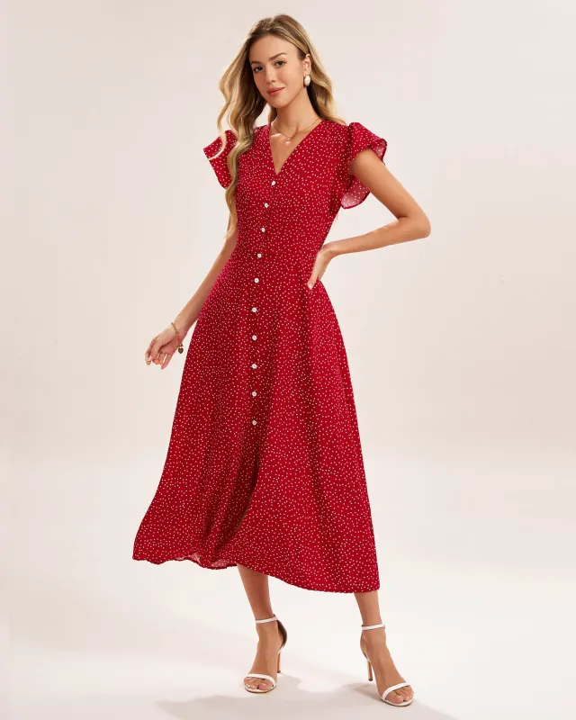 Red V Neck Polka Dot Midi Dress sold by rihoas