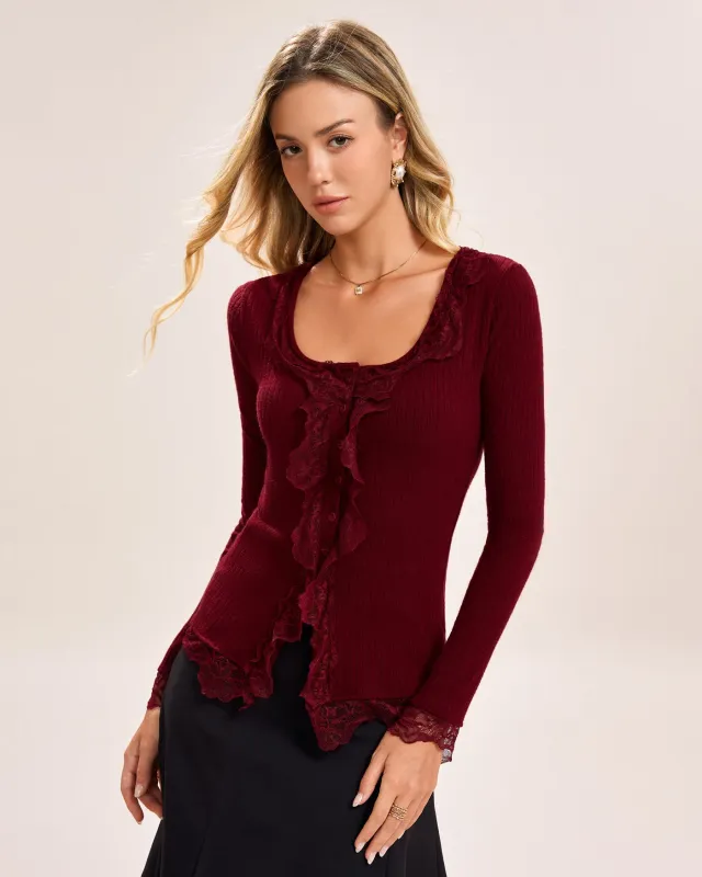 Wine Red Single Breasted Lace Tee sold by rihoas