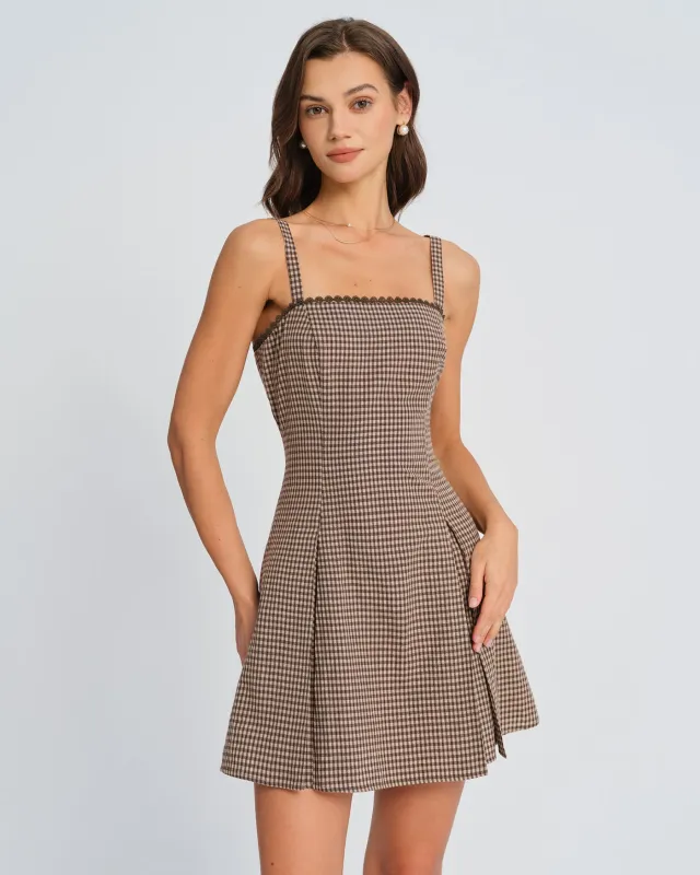 Brown Plaid Ruched Slip Mini Dress sold by rihoas