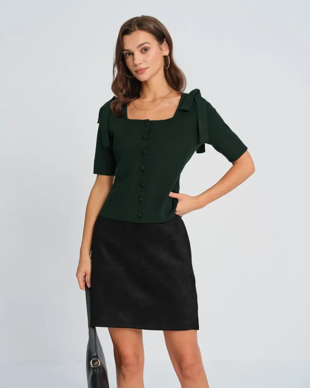 Green Square Neck Bowknot Knit Cardigan sold by rihoas