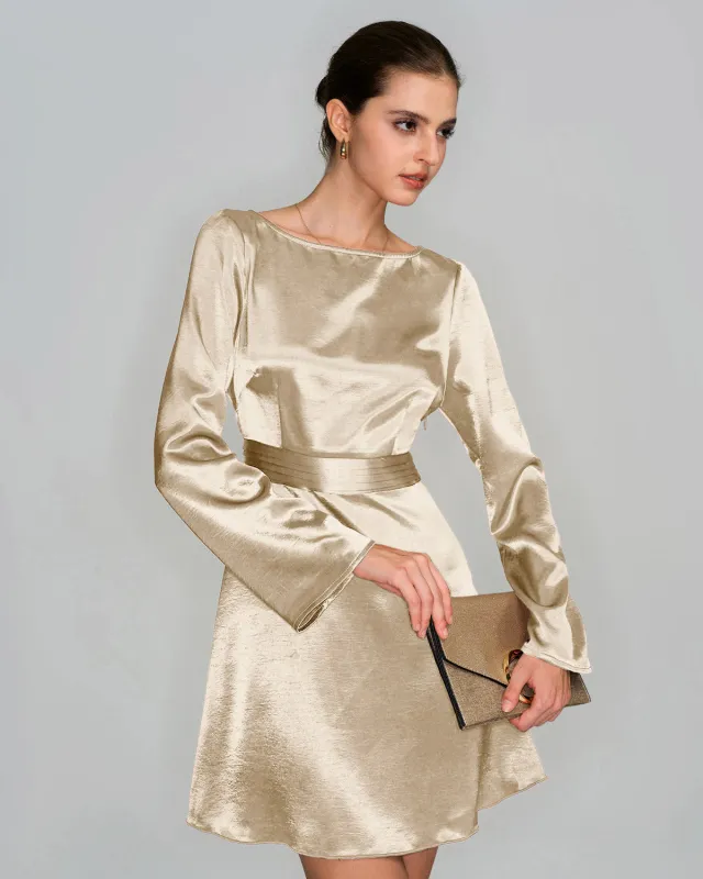 Apricot Boat Neck Satin A-Line Mini Dress sold by rihoas