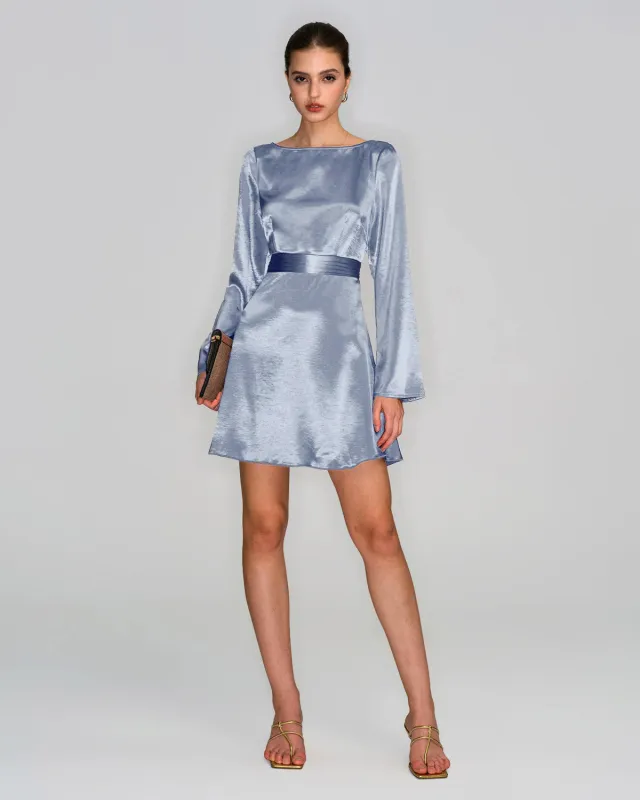 Blue Boat Neck Satin Mini Dress sold by rihoas