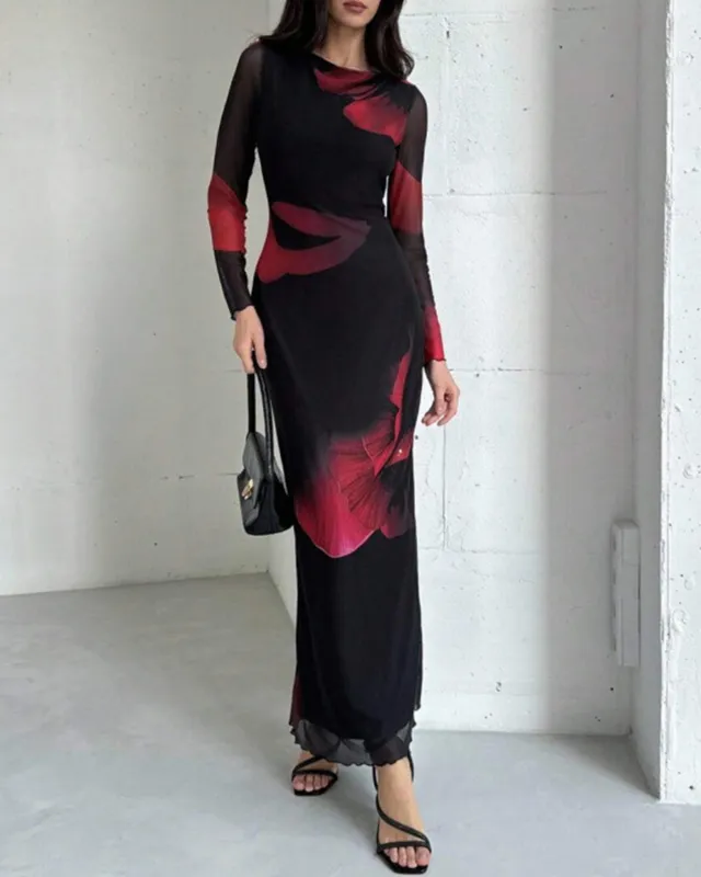 Black Floral Round Neck Maxi Dress sold by rihoas