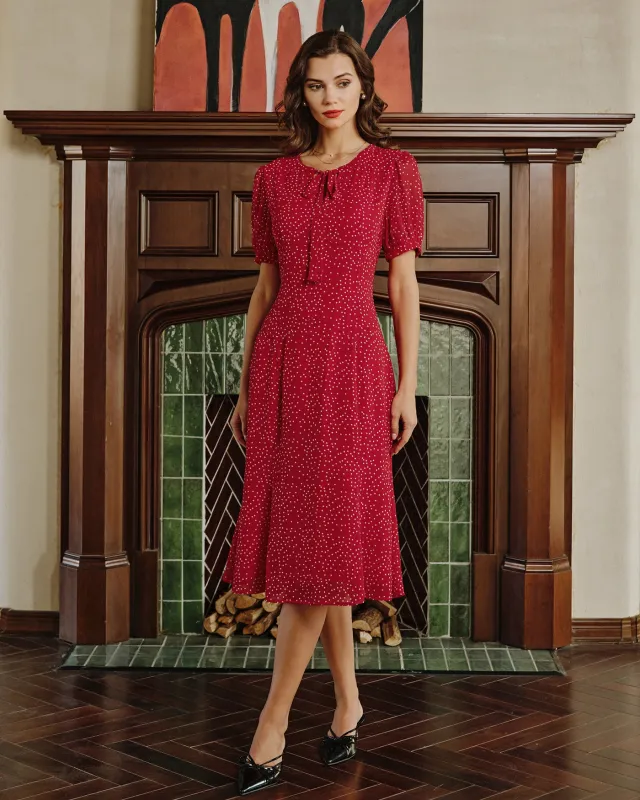 Red Polka Dot Chiffon Midi Dress sold by rihoas