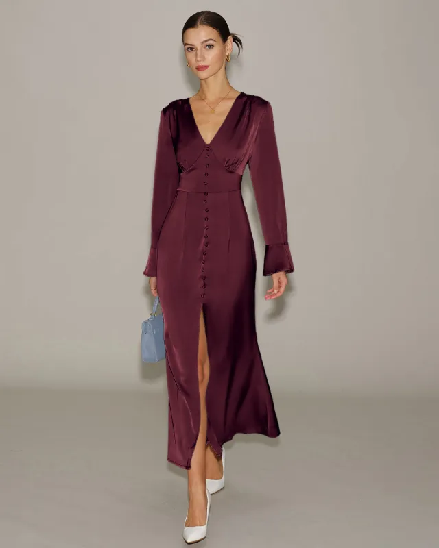 Wine Red V Neck Satin Maxi Dress sold by rihoas