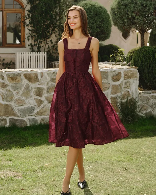Wine Red Square Neck Jacquard Midi Dress sold by rihoas