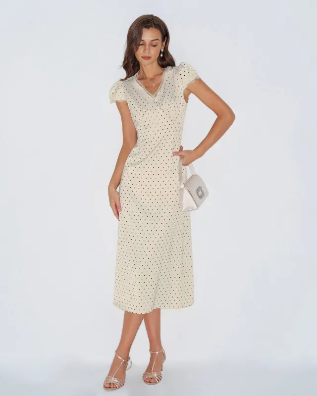 Apricot Polka Dot V Neck Maxi Dress sold by rihoas