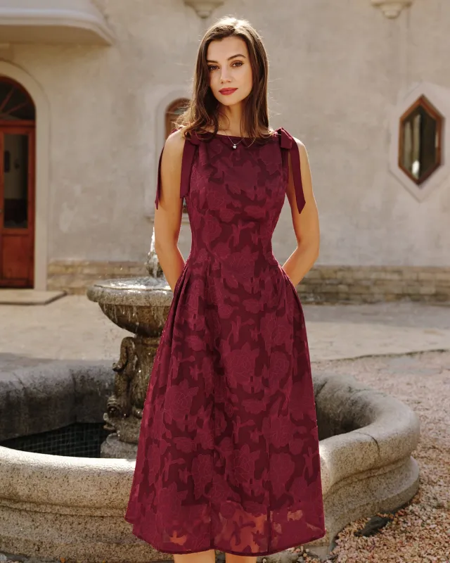 Red Jacquard Chiffon Midi Dress sold by rihoas
