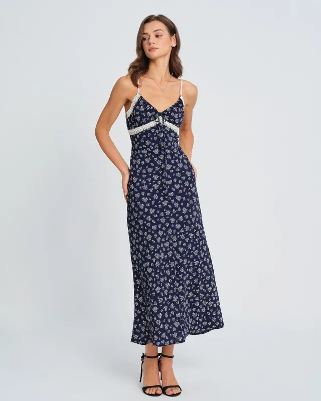 Blue Splicing Floral Slip Maxi Dress sold by rihoas