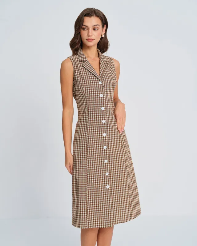 Brown Plaid Button Midi Dress sold by rihoas