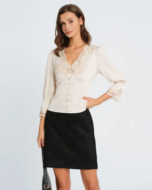 Apricot V Neck Lace Tee sold by rihoas