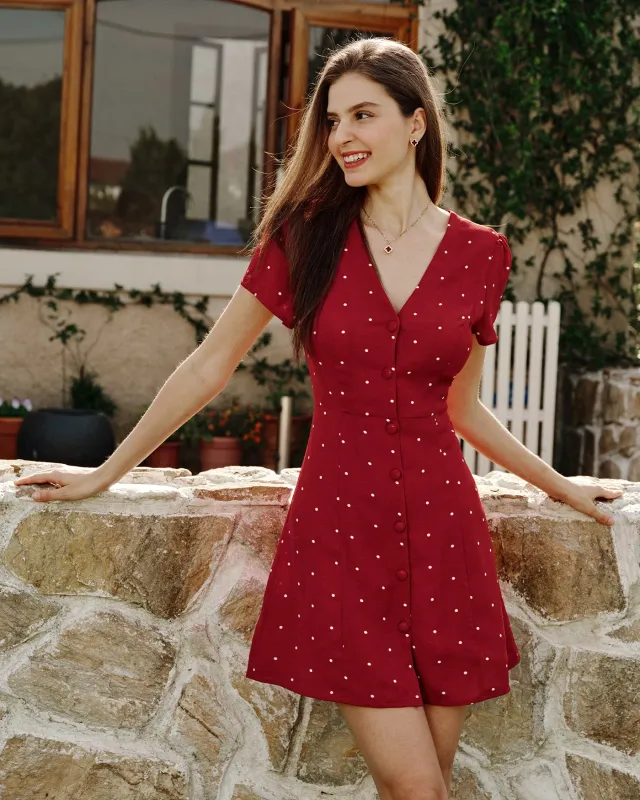 Wine Red V Neck Polka Dot Mini Dress sold by rihoas