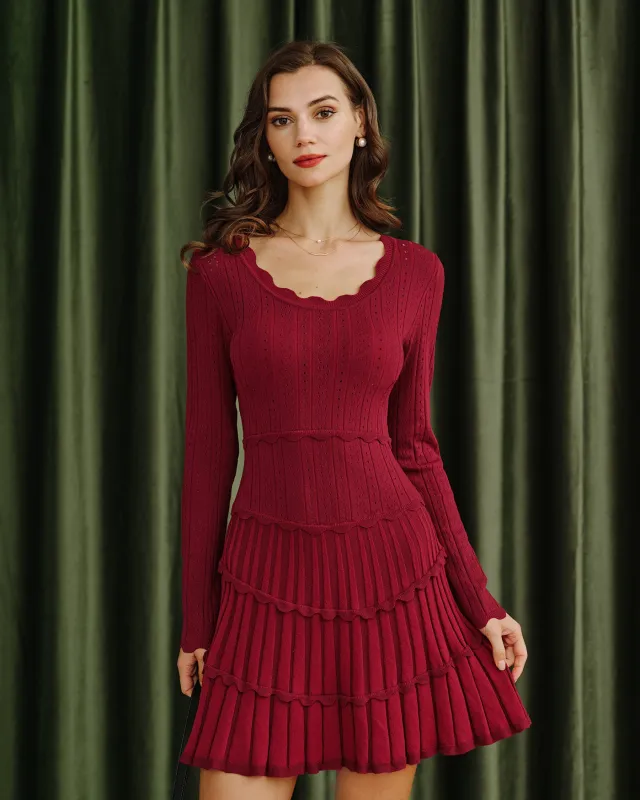 Wine Red Scalloped Viscose Sweater Dress sold by rihoas