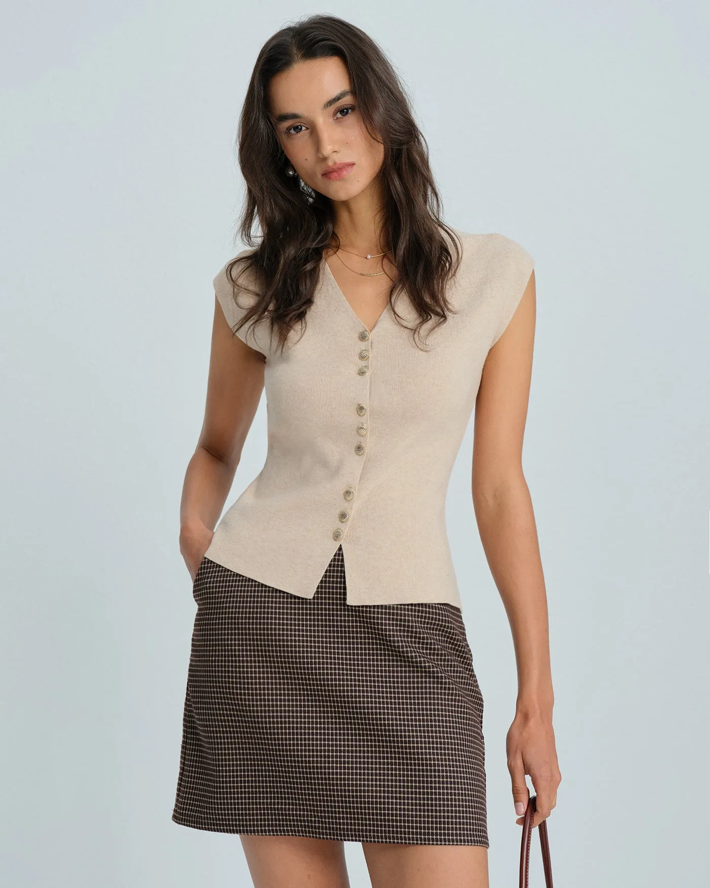 Khaki Single Breasted V Neck Cardigan sold by rihoas