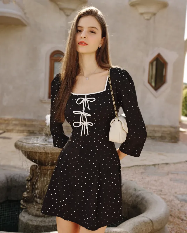 Black Polka Dot Square Neck Mini Dress sold by rihoas