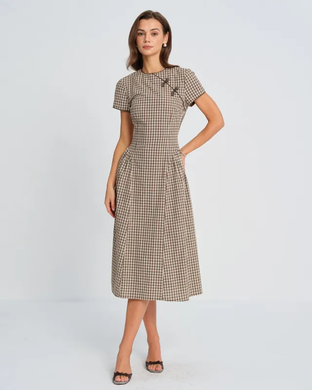 Brown Plaid Round Neck Midi Dress sold by rihoas
