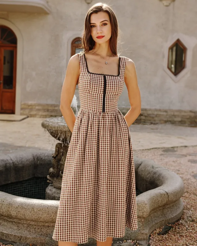 Brown Plaid Sleeveless Midi Dress sold by rihoas