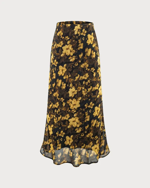 Black Floral Elastic Waist Skirt sold by rihoas