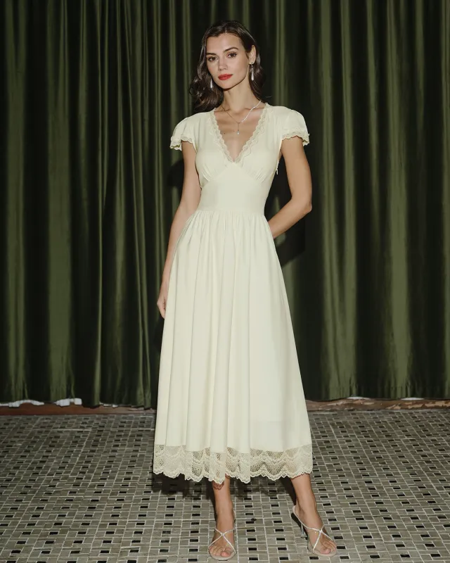 Apricot V Neck Lace Maxi Dress sold by rihoas